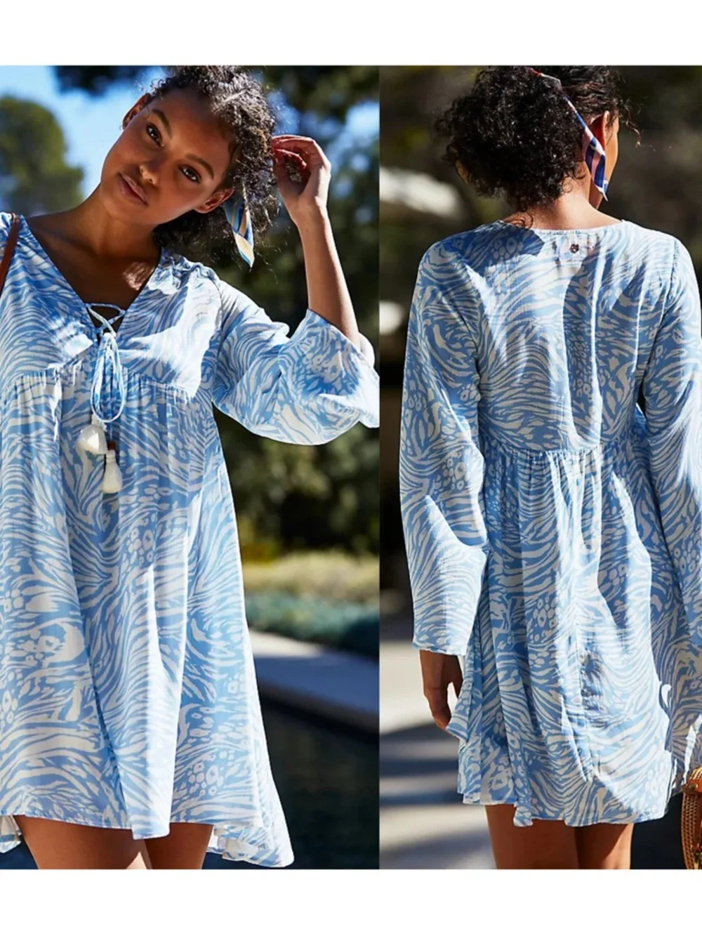 Maaji Helena Mini Dress M Blue White Boho Beach Cover Up Tassel MSRP $98 - Picture 2 of 8